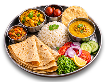 4 Roti, Dal, Veggies, Rice, Sweets, Papadam, Homemade pickle, Salad
